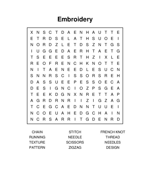 Embroidery Word Search Puzzle