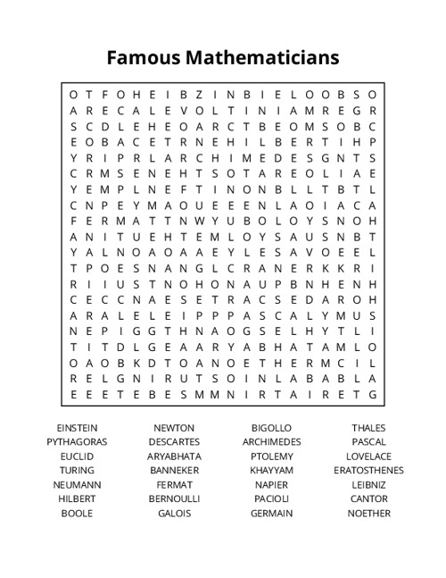 Famous Mathematicians Word Search Puzzle