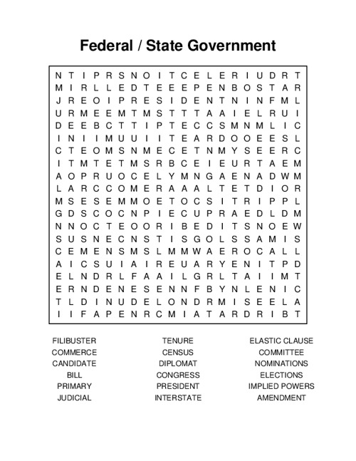 Federal / State Government Word Search Puzzle