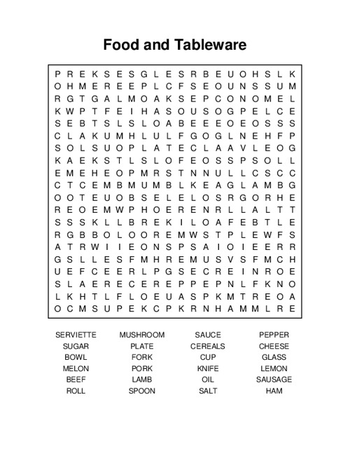 Food and Tableware Word Search Puzzle