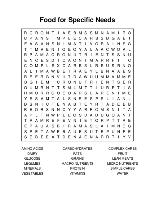 Food for Specific Needs Word Search Puzzle