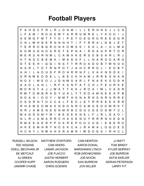 Football Players Word Search Puzzle