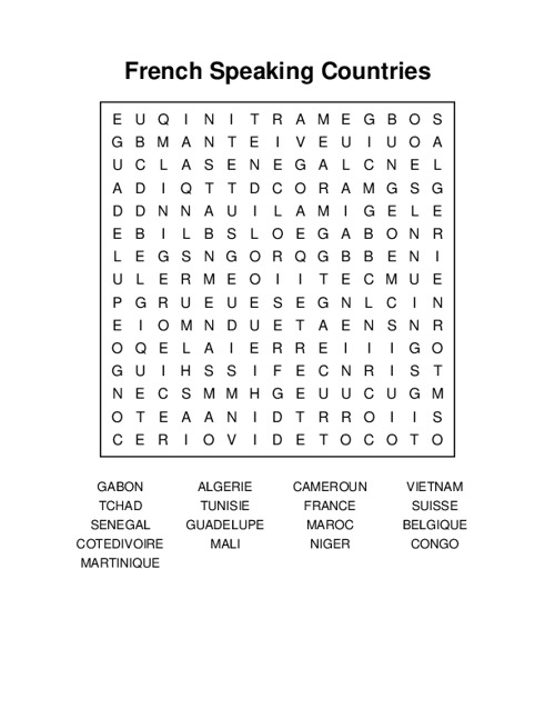 French Speaking Countries Word Search Puzzle