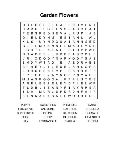 Garden Flowers Word Search Puzzle