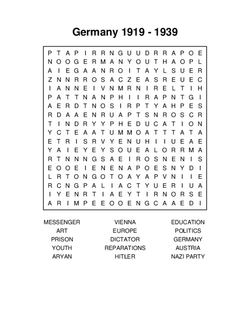 Germany 1919 - 1939 Word Search Puzzle
