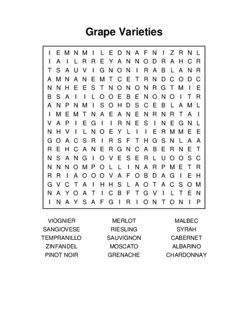 Grape Varieties Word Search Puzzle