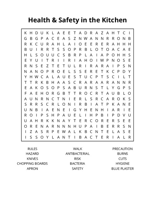 Health & Safety in the Kitchen Word Search Puzzle