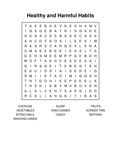 Healthy and Harmful Habits Word Search Puzzle