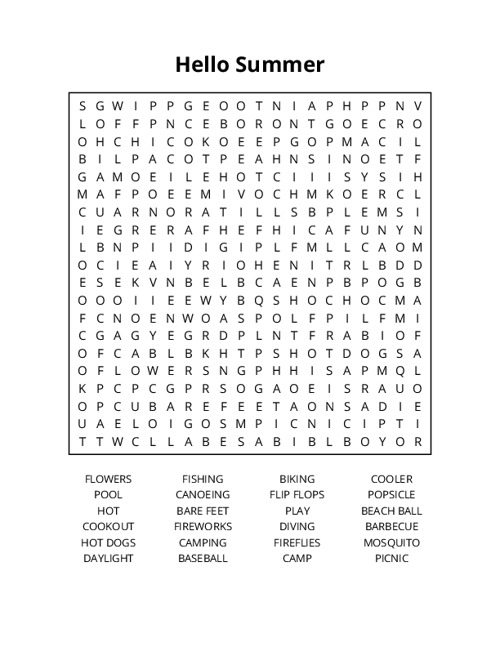 Hello Summer Word Search Puzzle