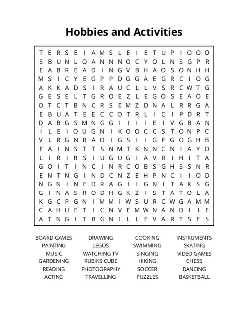Hobbies and Activities Word Search Puzzle