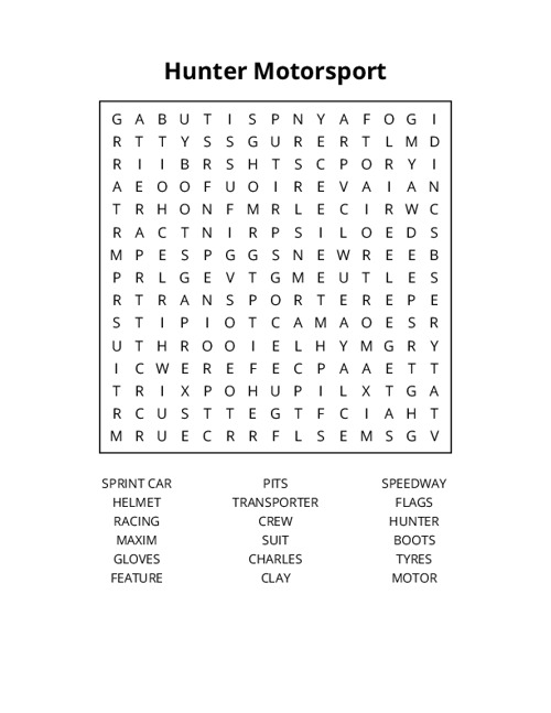 Hunter Motorsport Word Search Puzzle