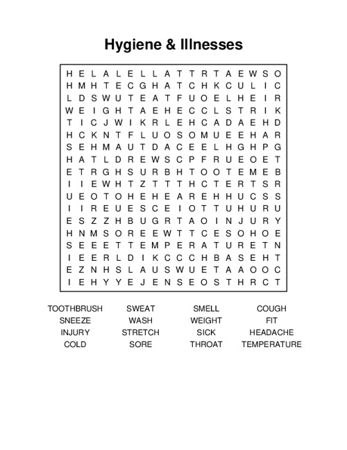 Hygiene & Illnesses Word Search Puzzle
