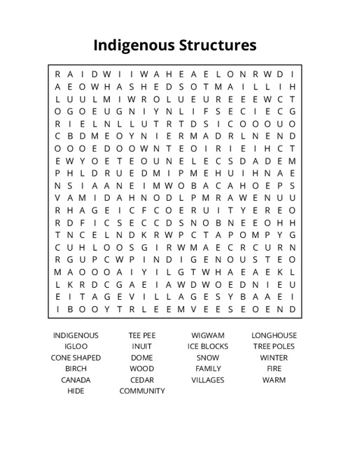 Indigenous Structures Word Search Puzzle