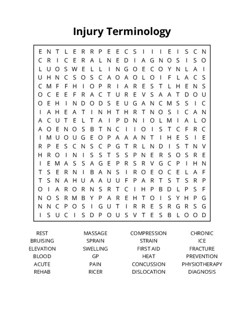 Injury Terminology Word Search Puzzle