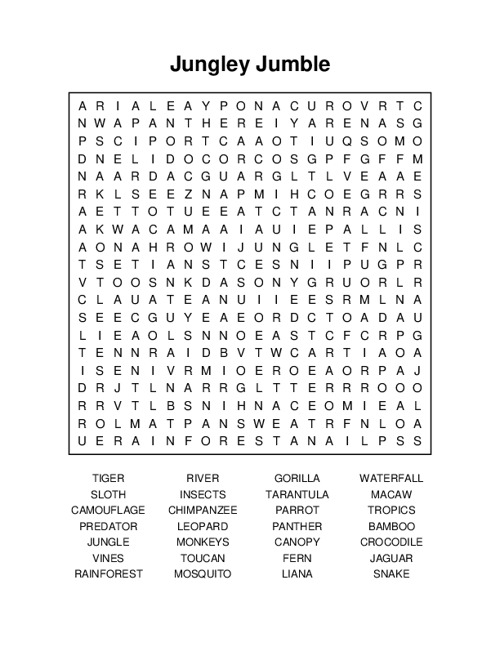 Jungley Jumble Word Search Puzzle