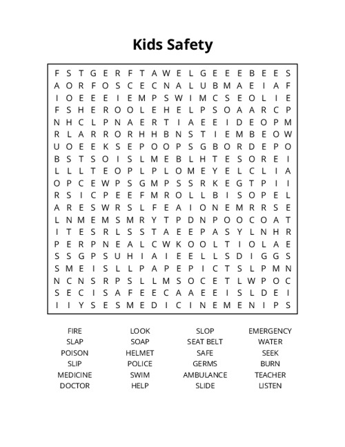 Kids Safety Word Search Puzzle