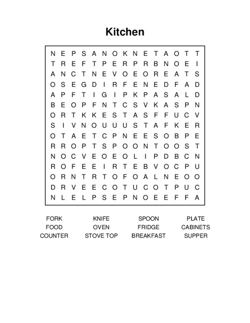 Kitchen Word Search Puzzle