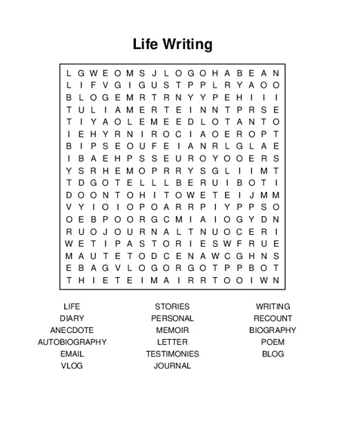 Life Writing Word Search Puzzle