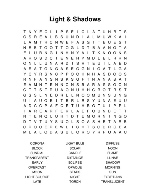 Light & Shadows Word Search Puzzle