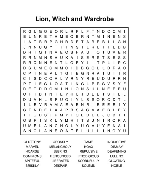 Lion, Witch and Wardrobe Word Search Puzzle