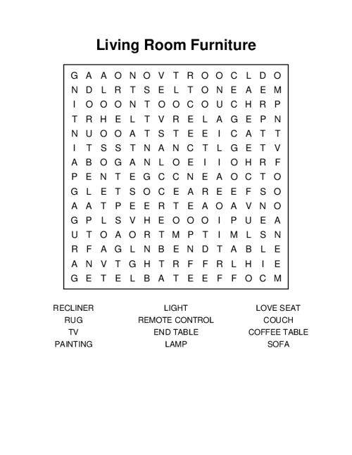 Living Room Furniture Word Search Puzzle