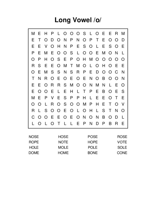 Long Vowel /o/ Word Search Puzzle
