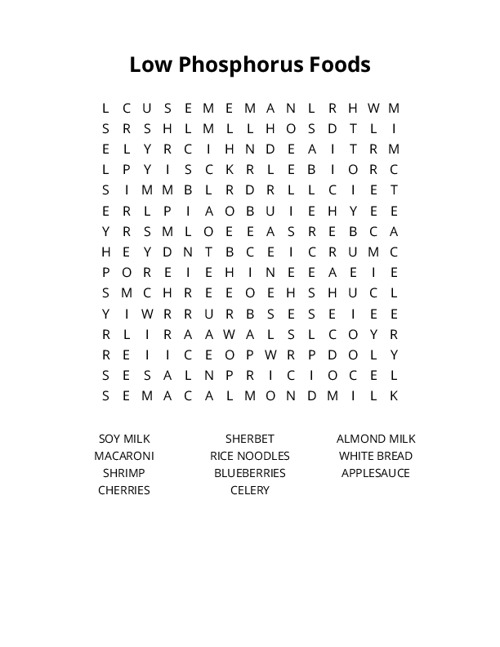 Low Phosphorus Foods Word Search Puzzle
