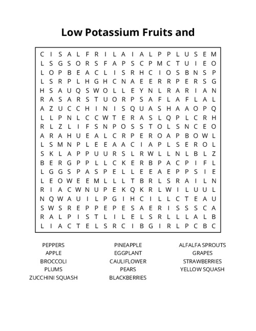 Low Potassium Fruits and Vegetables Word Search Puzzle