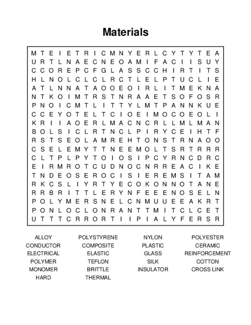 Materials Word Search Puzzle