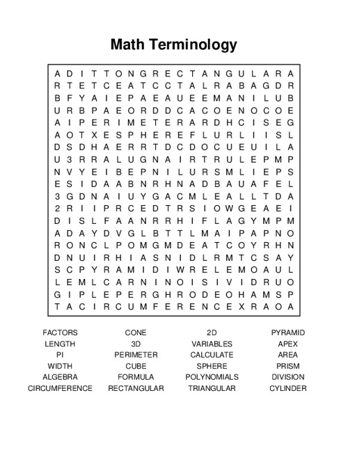Math Terminology Word Search Puzzle