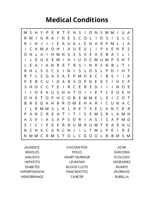 Medical Conditions Word Search Puzzle