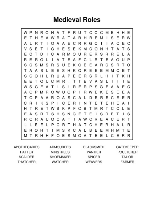 Medieval Roles Word Search Puzzle