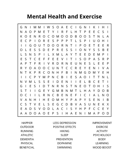Mental Health and Exercise Word Search Puzzle