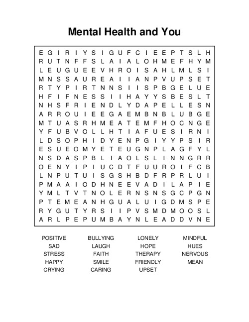 Mental Health and You Word Search Puzzle