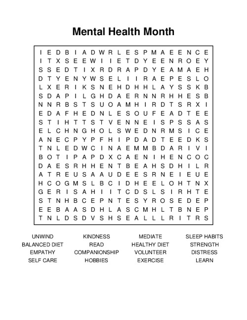Mental Health Month Word Search Puzzle