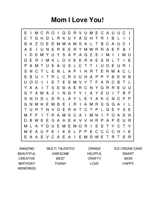 Mom I Love You! Word Search Puzzle