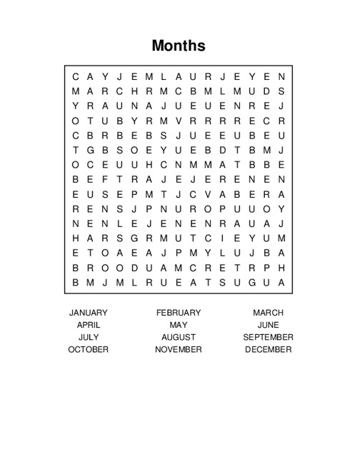 Months Word Search Puzzle