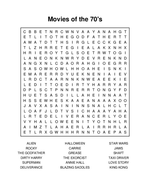 Movies of the 70s Word Search Puzzle
