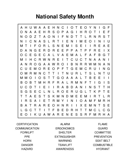 National Safety Month Word Search Puzzle
