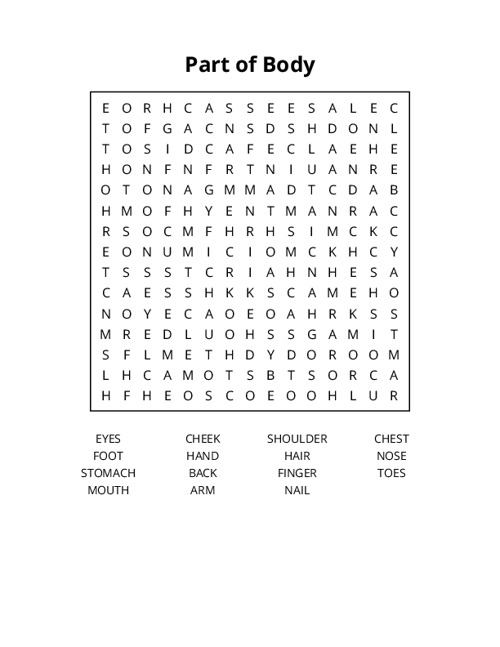 Part of Body Word Search Puzzle