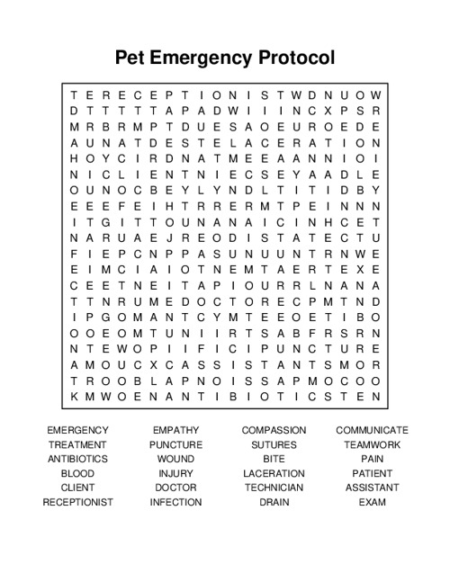 Pet Emergency Protocol Word Search Puzzle