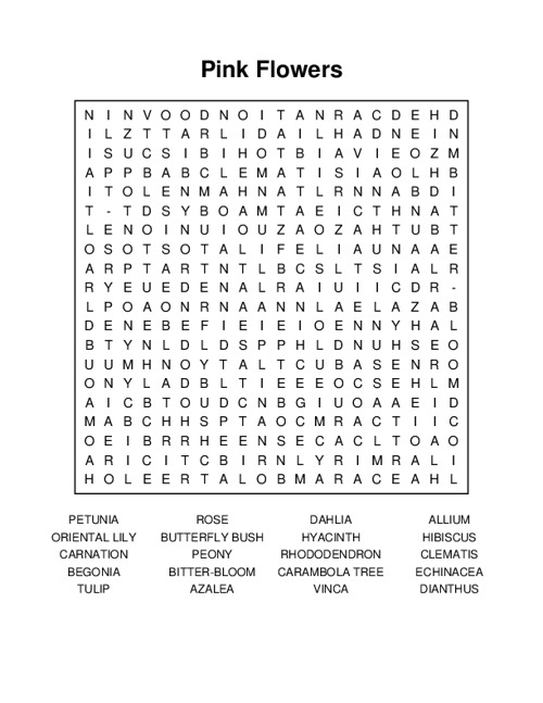 Pink Flowers Word Search Puzzle