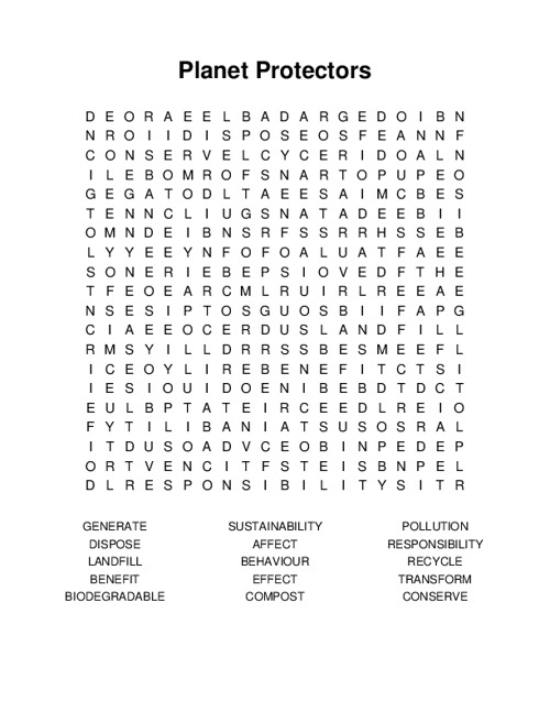 Planet Protectors Word Search Puzzle
