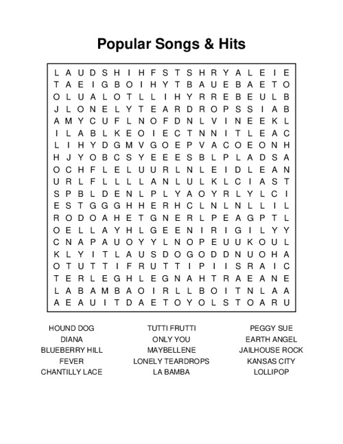 Popular Songs & Hits Word Search Puzzle