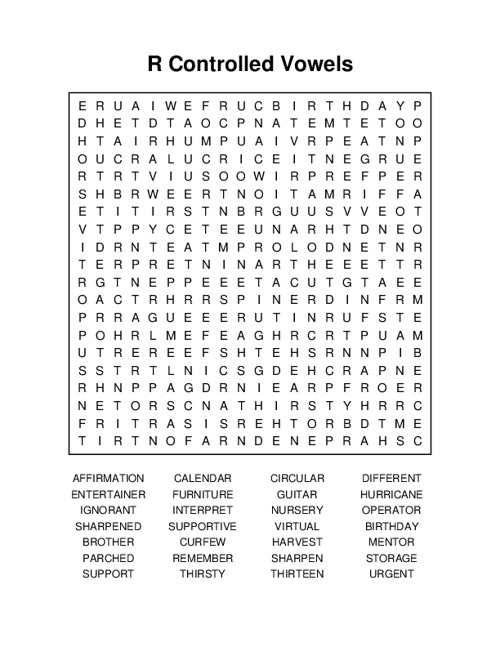 R Controlled Vowels Word Search Puzzle