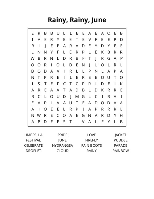 Rainy, Rainy, June Word Search Puzzle