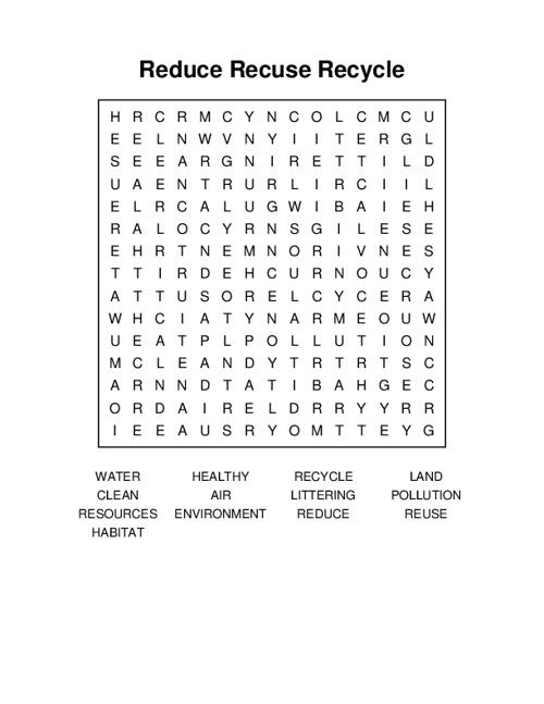 Reduce Recuse Recycle Word Search Puzzle