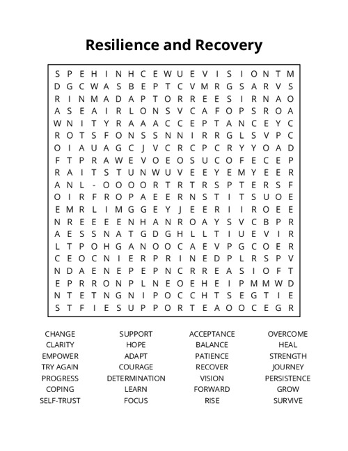 Resilience and Recovery Word Search Puzzle