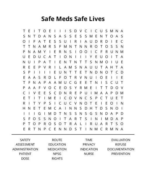 Safe Meds Safe Lives Word Search Puzzle