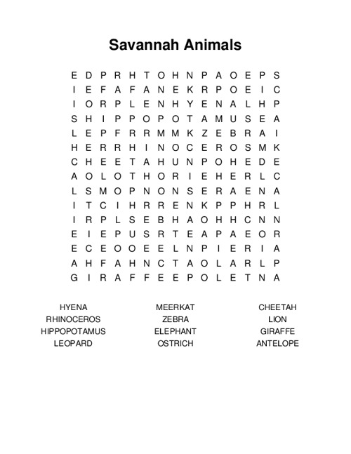 Savannah Animals Word Search Puzzle
